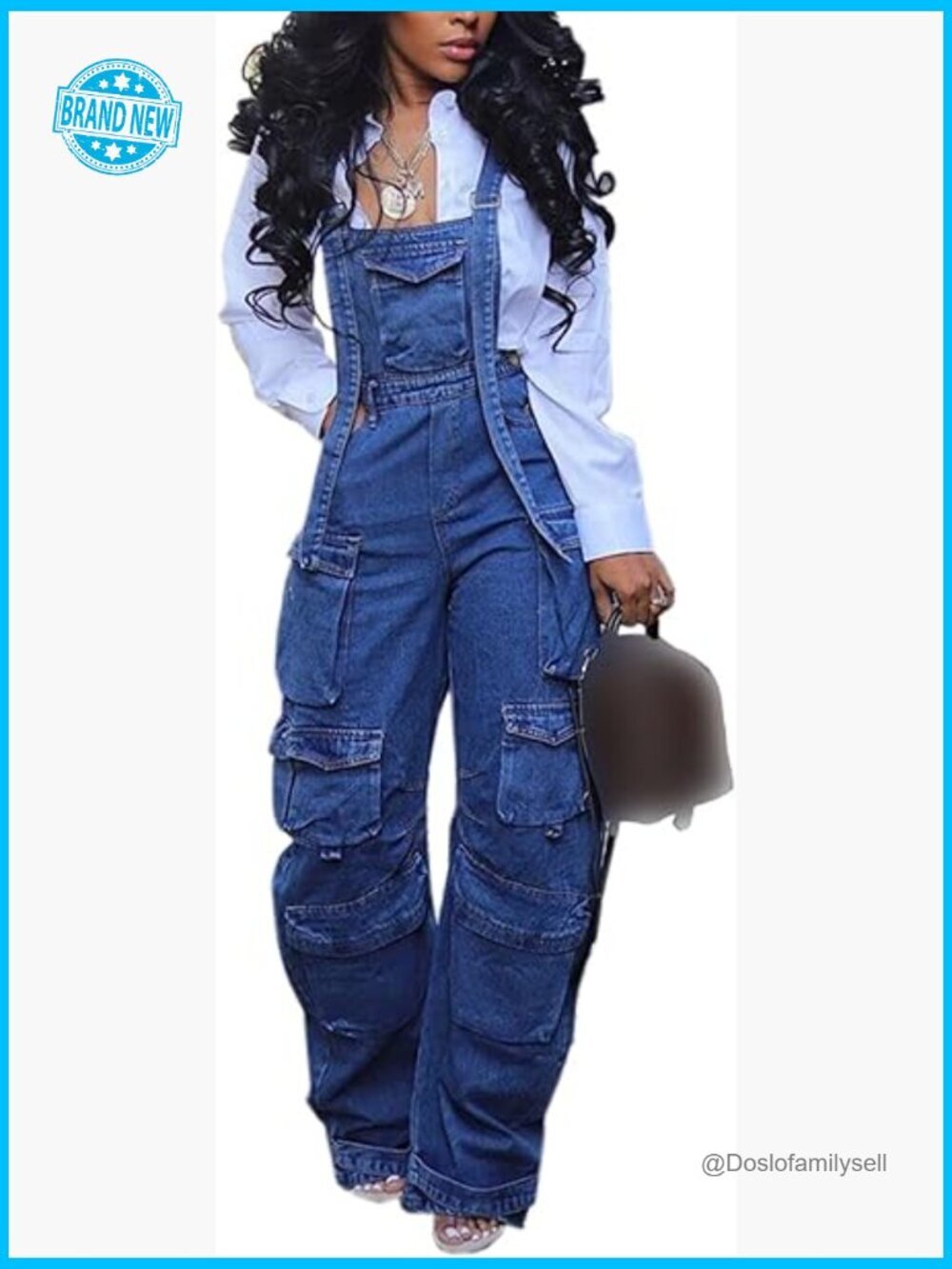 Denim Overalls Adjustable Strap Stretchy Loose Fit Wide Leg Cargo Pants